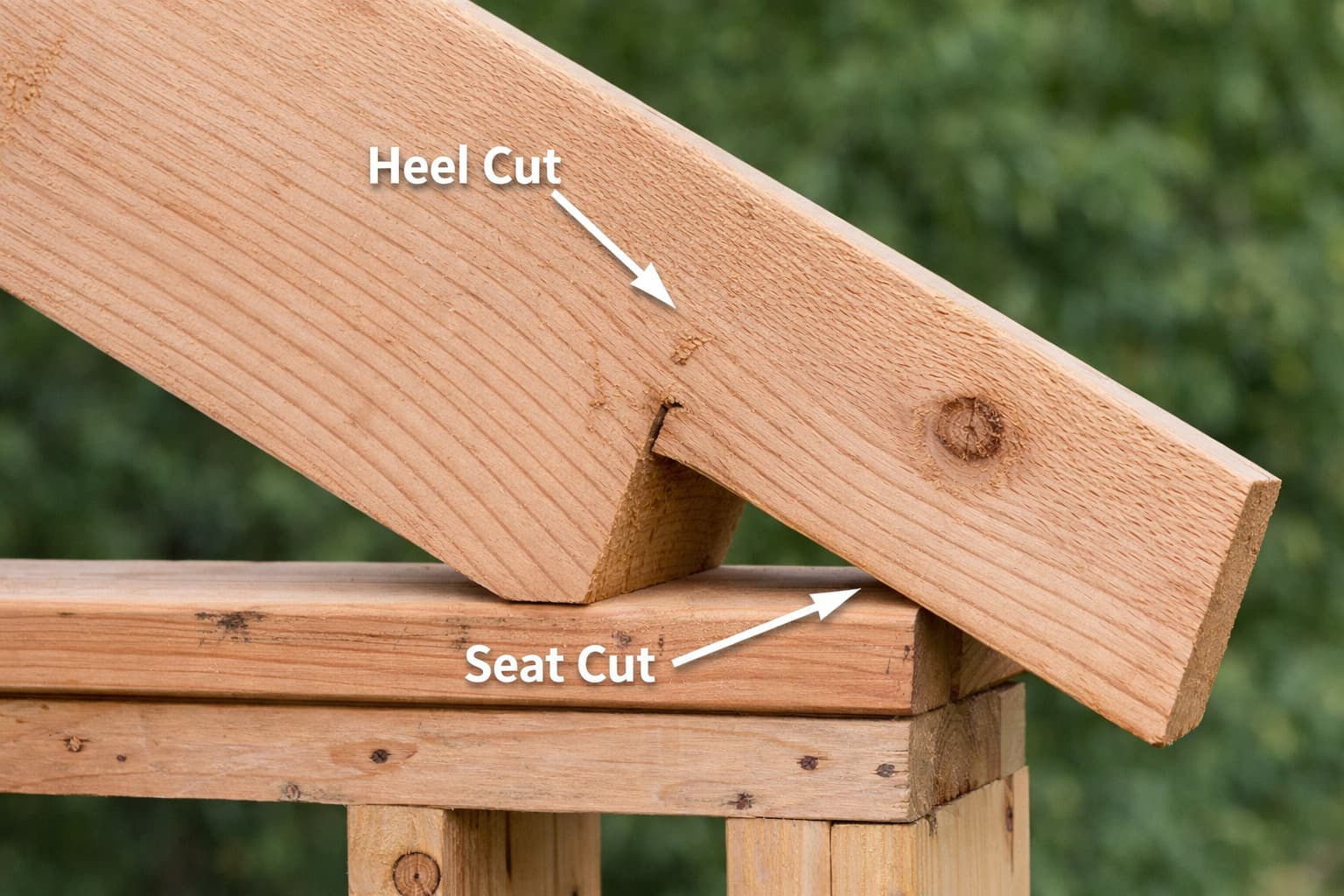 The seat cut and heel cut form a birdsmouth where a rafter meets a wall.