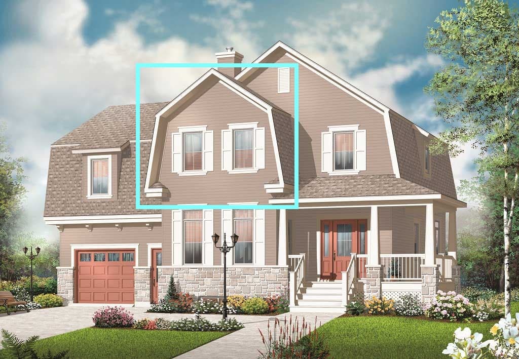 A gambrel roof creates a broad upper story on this traditional home.