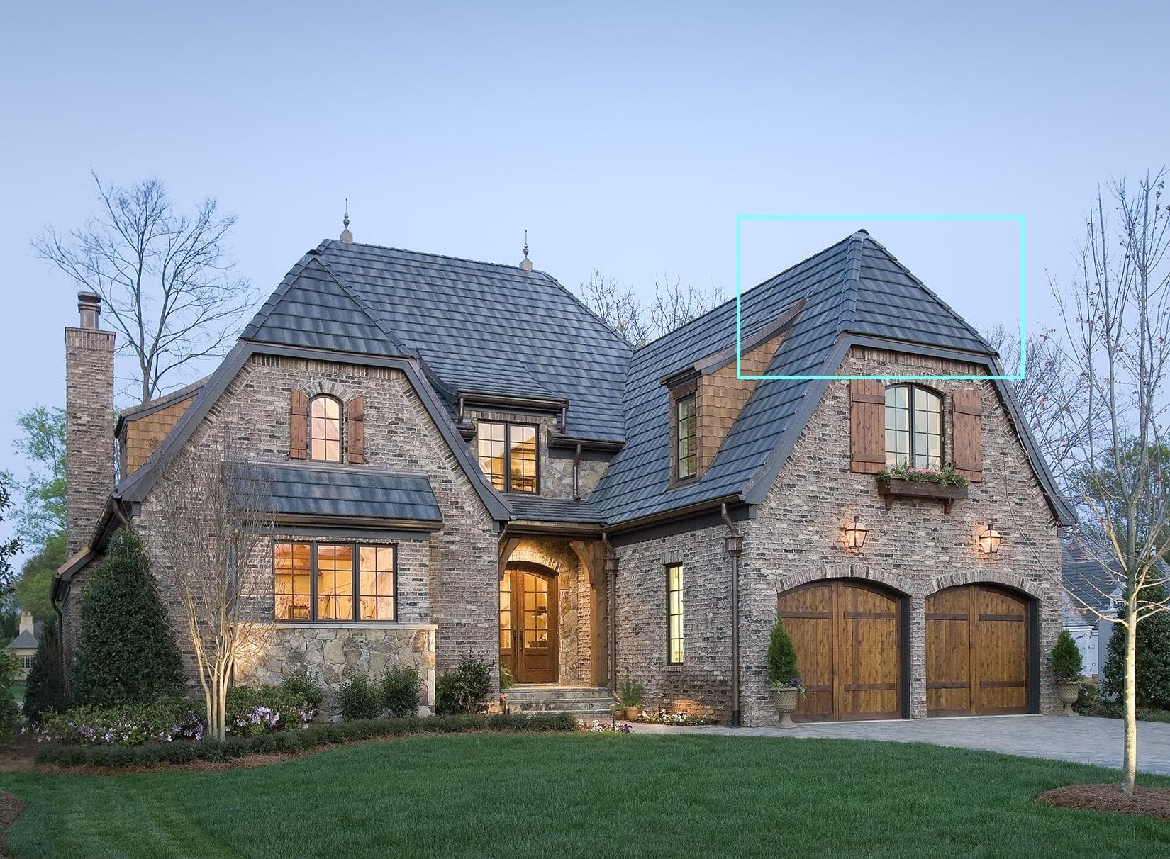 This home uses clipped gables, also called half-hips, at several roof ends.