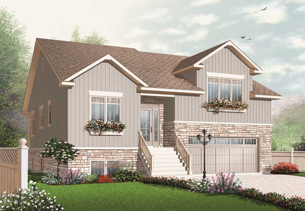 A split-level home with staggered floor and roof heights.