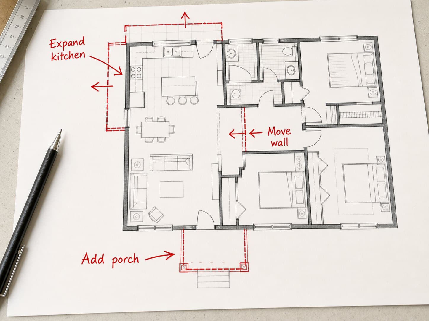 House floor plan with redline notes for expanding the kitchen, adding a porch, and moving a non-load-bearing wall