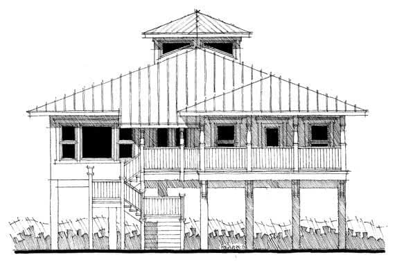 This is the front elevation of these Florida Coastal House Plans.