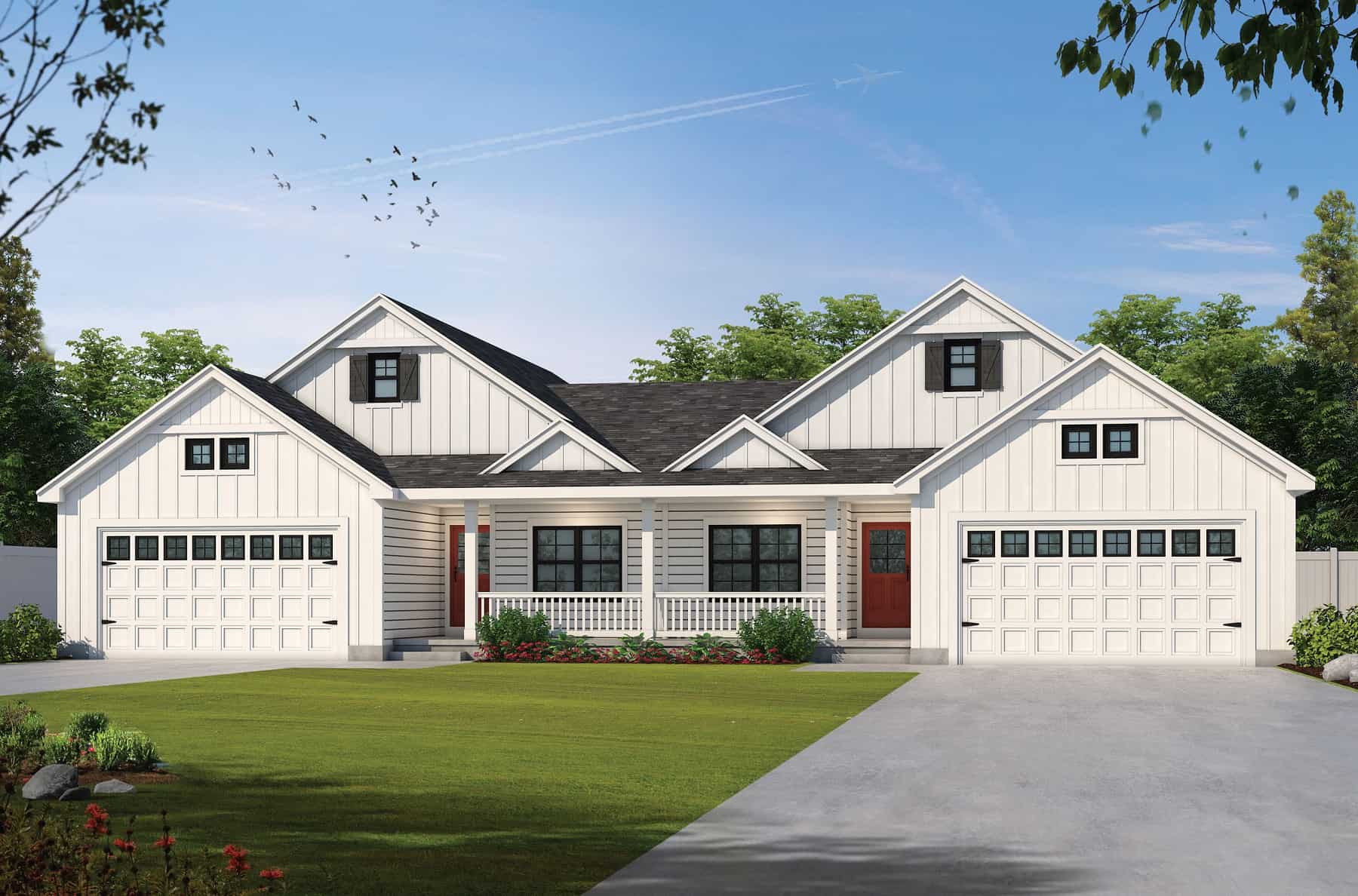 4-Bedroom, 2774 Sq Ft Modern Farmhouse Duplex Plan - 120-2732 - Front Exterior