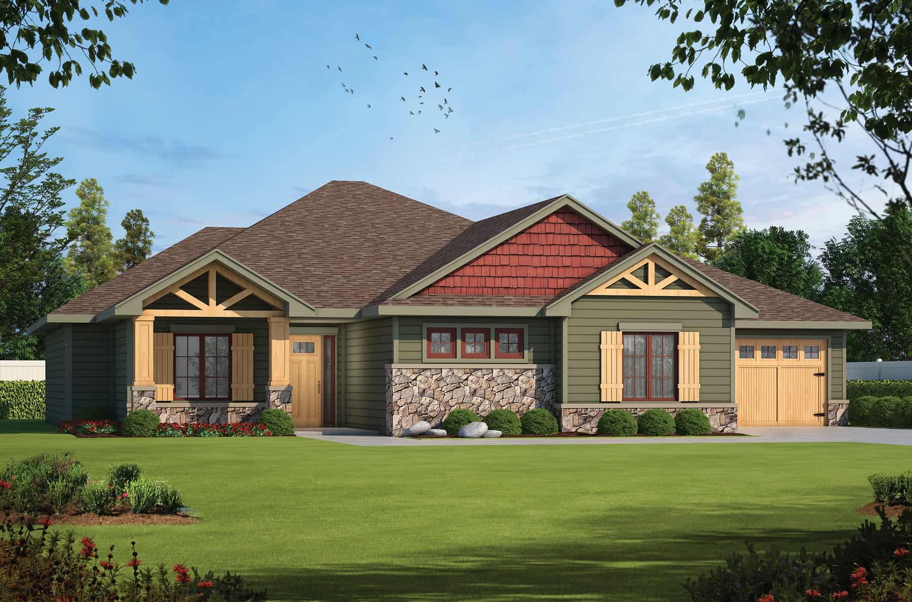 3-Bedroom, 2382 Sq Ft Arts and Crafts Ranch Plan - 120-2765 - Front Exterior
