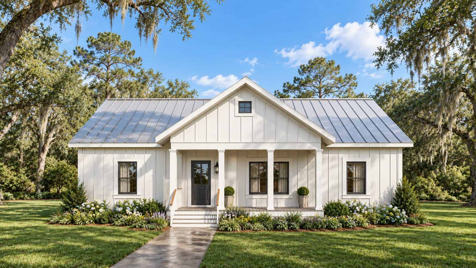 Hipped ends keep the standing-seam metal roof of this Farmhouse low, and one centered gable over a four-post porch breaks the line above white board-and-batten walls. 3 beds, 1,425 sq ft - Plan #123-1118
