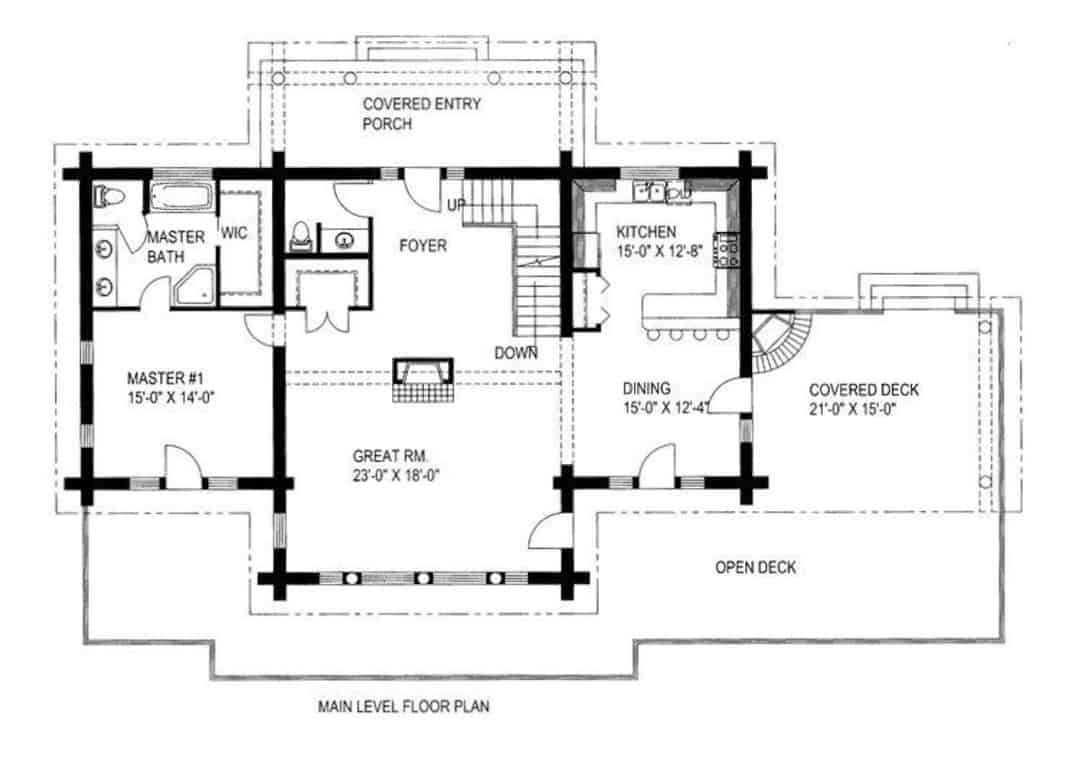 Floor Plan Main Level of Log Cabin Plan #132-1291