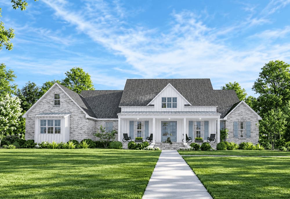 Front elevation of Farmhouse home (ThePlanCollection: House Plan #140-1140)