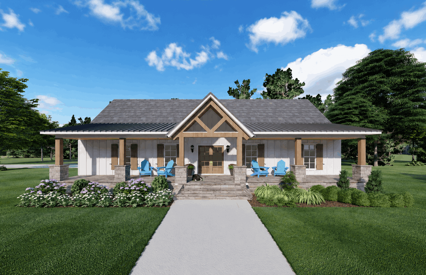 Craftsman home with a timber-framed entry gable, standing-seam metal porch roof, and square posts on stone bases. 3 beds, 1,828 sq ft - Plan #140-1146.