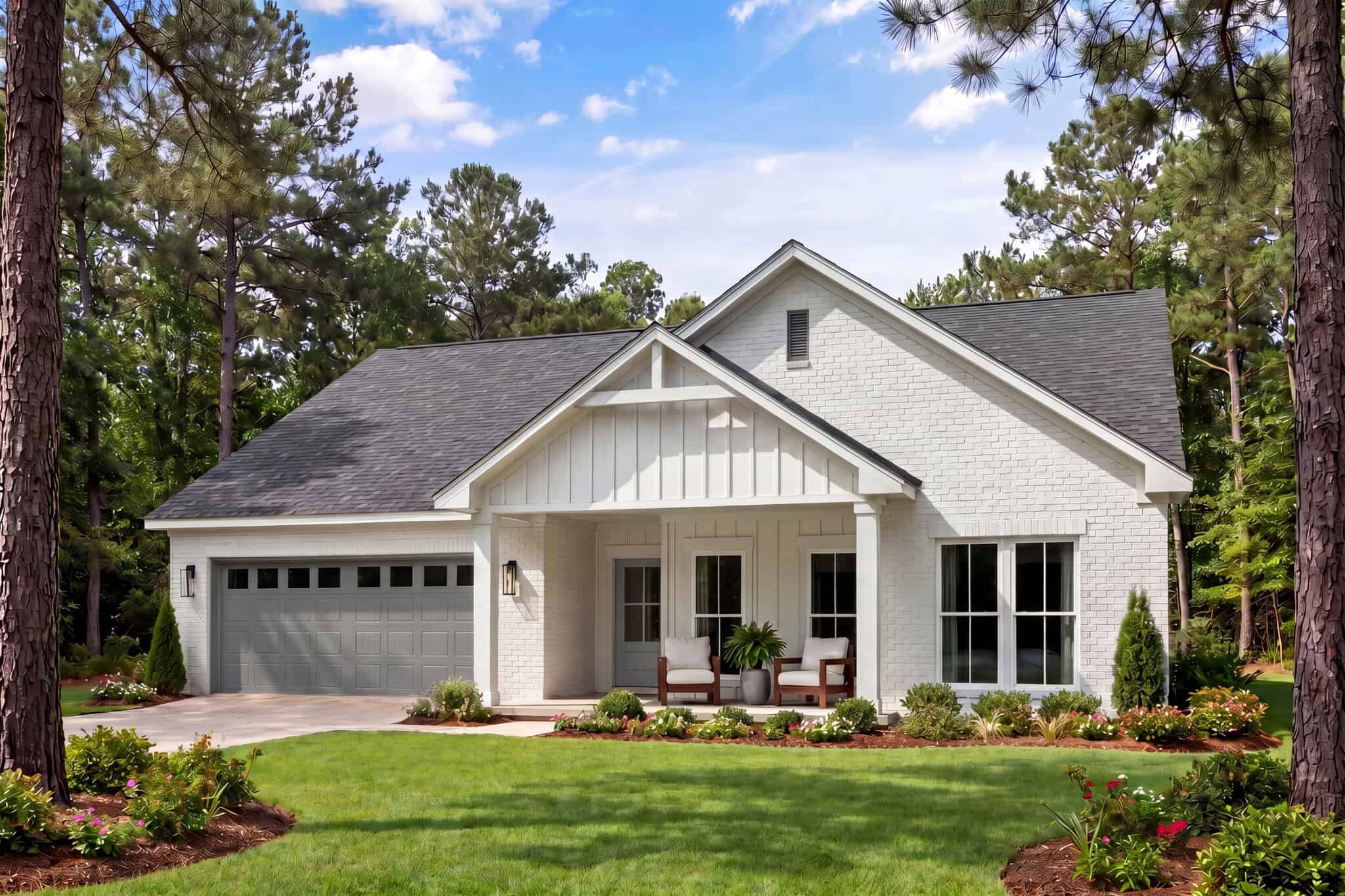 Ranch facade with board-and-batten siding, brick accents, covered front porch, and gable roofline. 3 beds, 1,579 sq ft — Plan #142-1570.