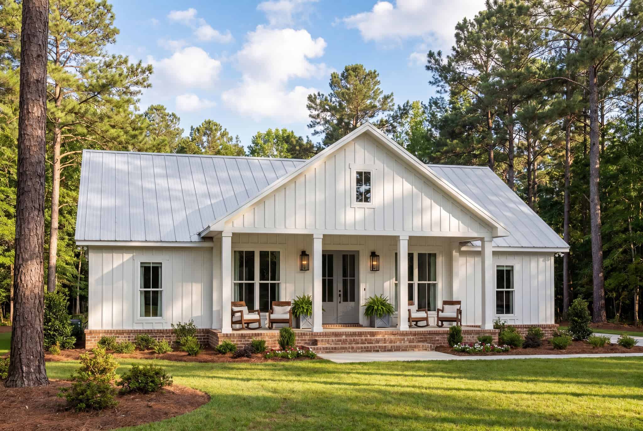 A Farmhouse facade with brick and board-and-batten siding, metal gable roof, and dual covered porches. 4 beds, 1,779 sq ft - Plan #142-1583