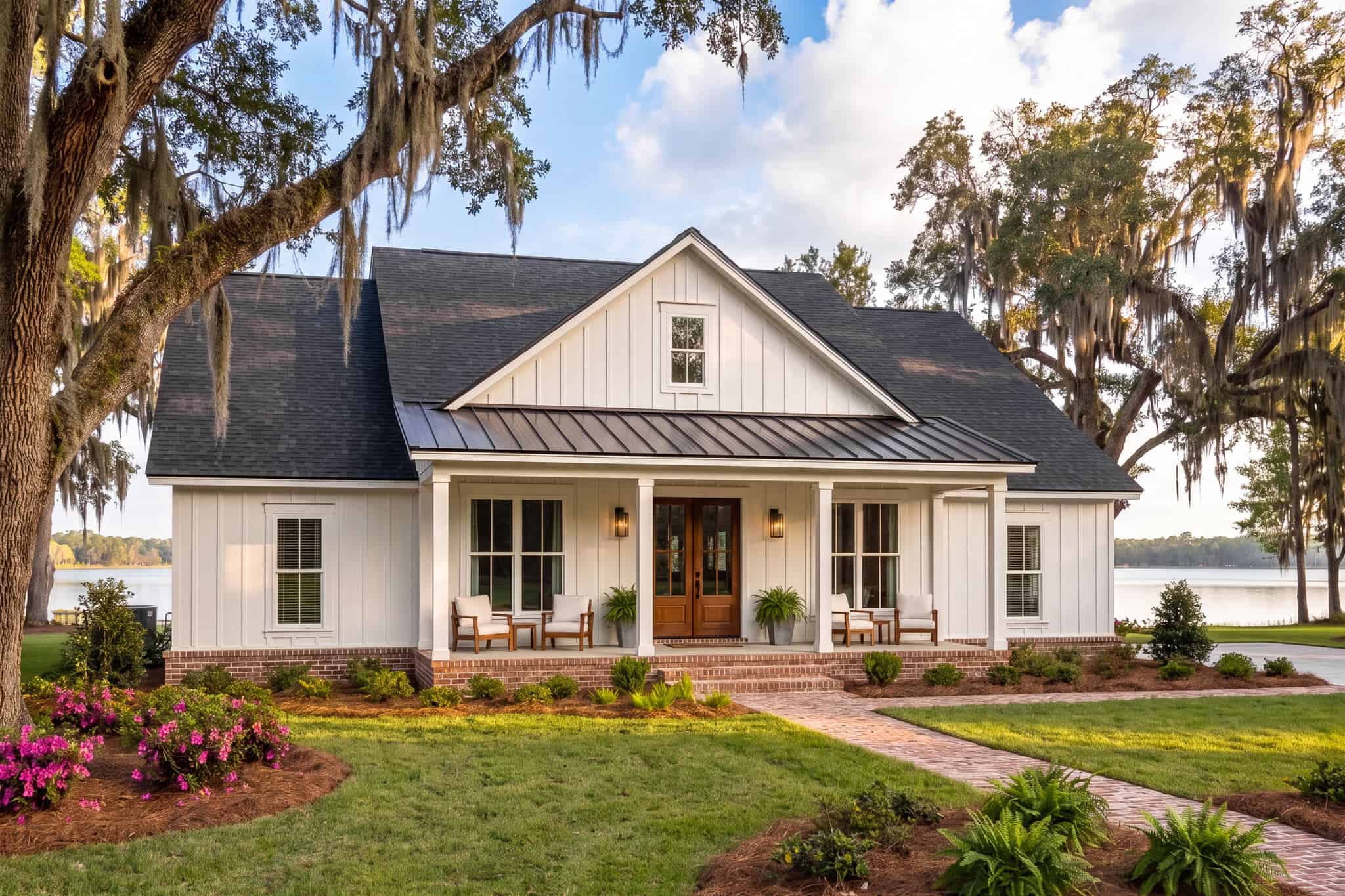 Single-story Farmhouse elevation with brick base, board-and-batten siding, covered front porch, and centered gable. The symmetric facade balances columned porch entries with paired windows. 4 beds, 2,070 sq ft - Plan #142-1588