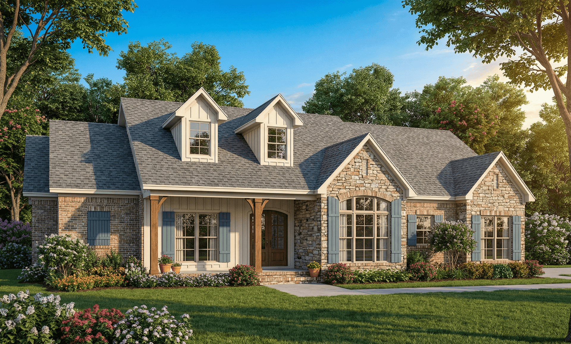 This is the front elevation for these Craftsman House Plans.