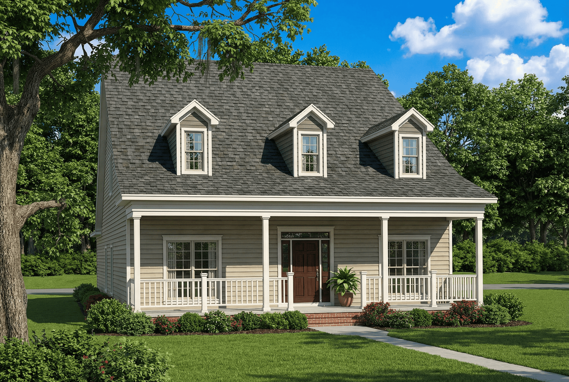 This is an artist's rendering of the front of these Country House Plans.