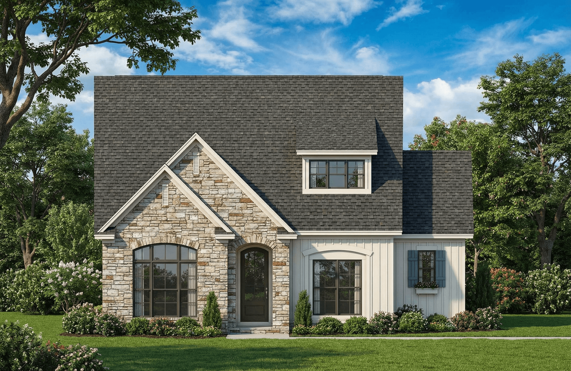 This is the front elevation for these Traditional House Plans.