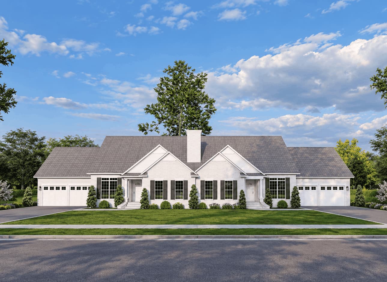 A traditional duplex with brick siding, covered front porch, and front-entry 2-car garage. 3 beds, 1,714 sq ft - Plan #153-2136