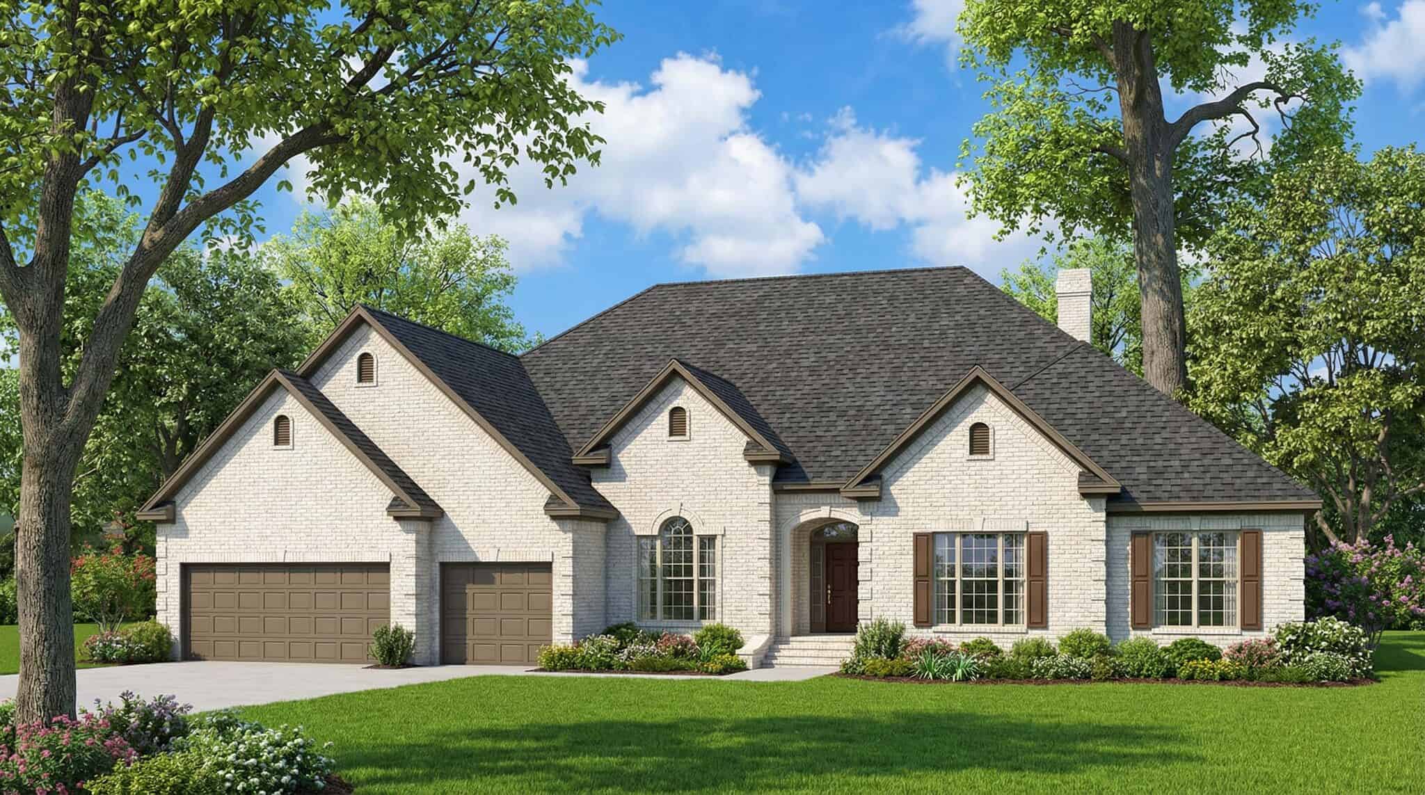 European facade with covered front porch, brick siding, and steeply pitched gable and hip rooflines. 4 bedrooms, 3,012 sq ft - Plan #153-2143