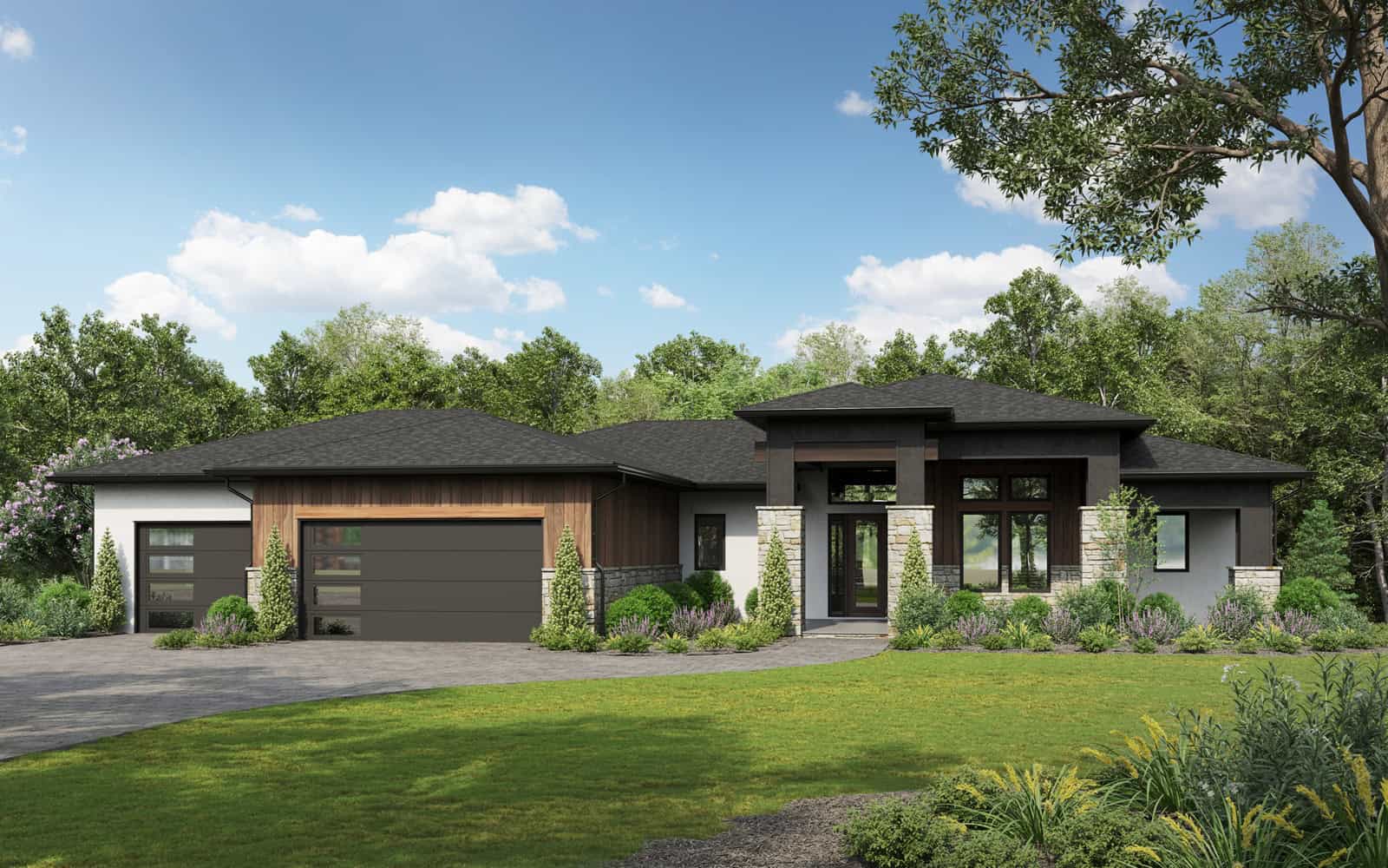 Modern elevation with hip roofline, stucco and stone exterior, and recessed covered entry. 3 beds, 2,714 sq ft — Plan #161-1288.