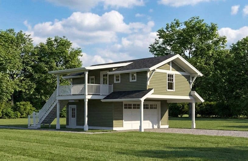 A 2-car garage apartment with covered front porch and second-floor balcony. 1 bed, 660 sq ft — Plan #161-1307.