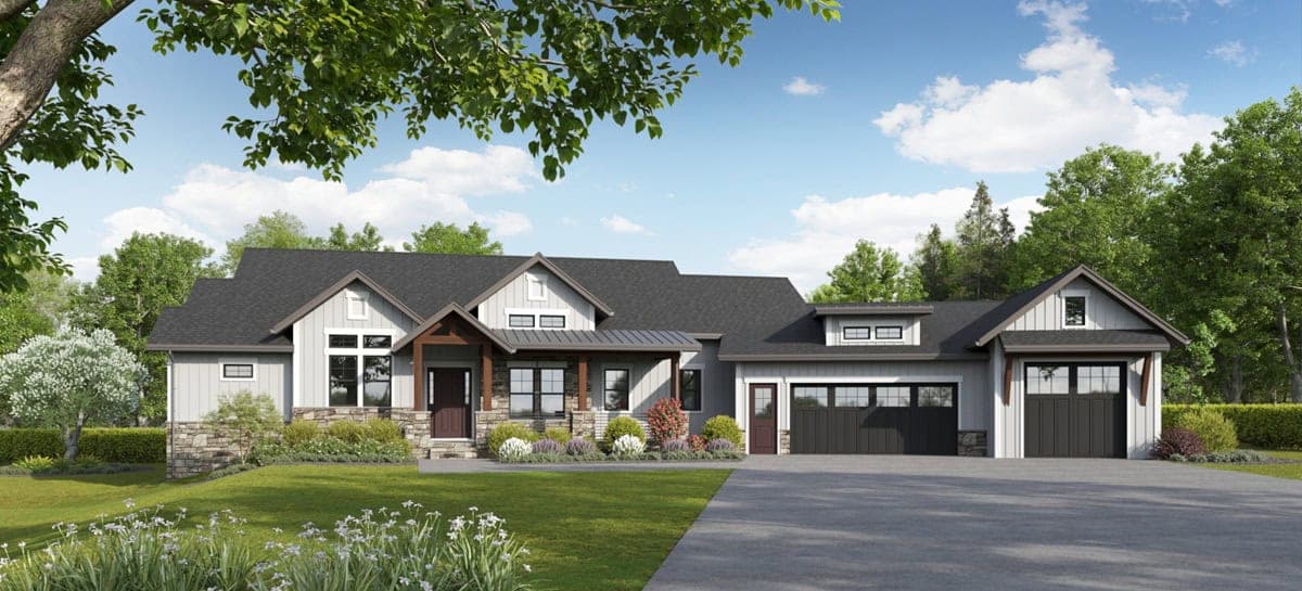 Front elevation of Modern Farmhouse home (ThePlanCollection: House Plan #161-1311)