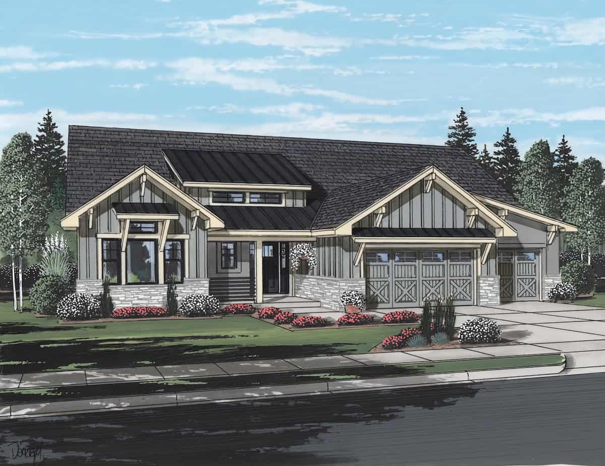 A Modern Farmhouse home with board-and-batten siding, stone accents, covered front porch, and gable roof design. 2 beds, 2.5 baths, 2,268 sq ft - Plan #161-1327