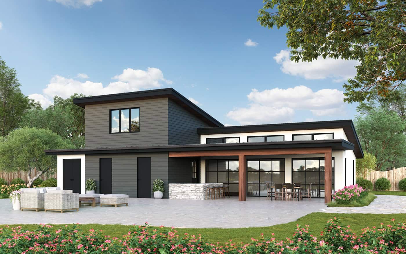 A Modern home with shed roof, rock and fiber cement siding, and a covered patio entry. 1 bed, 1,866 sq ft - Plan #161-1336.