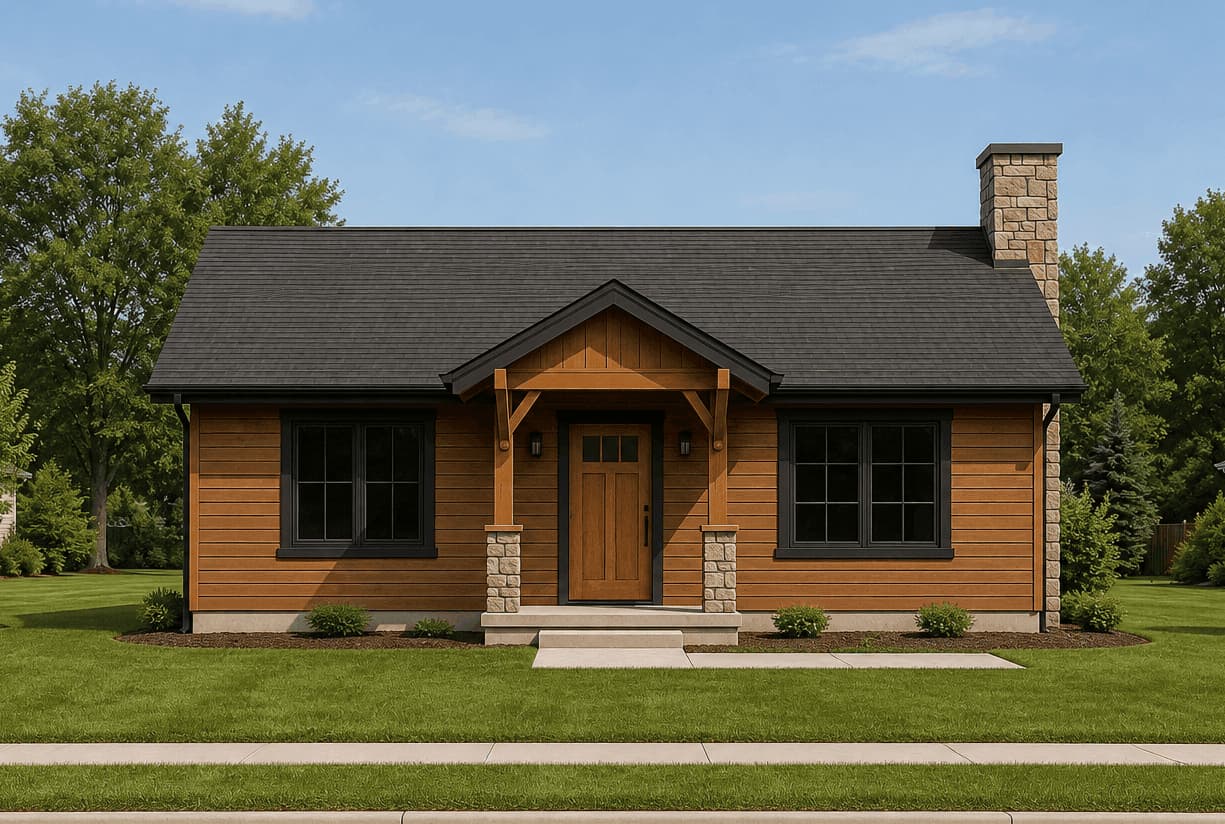 Craftsman facade with covered front porch, stone accents, and gable roofline anchors this narrow lot design. 1 bed, 720 sq ft - Plan #162-1123.
