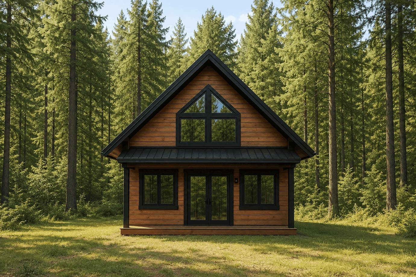 A Rustic elevation with metal gable-shed roofline, lap-siding walls, and a covered front porch anchors this compact 1.5-story design. 2 beds, 1,185 sq ft - Plan #162-1125