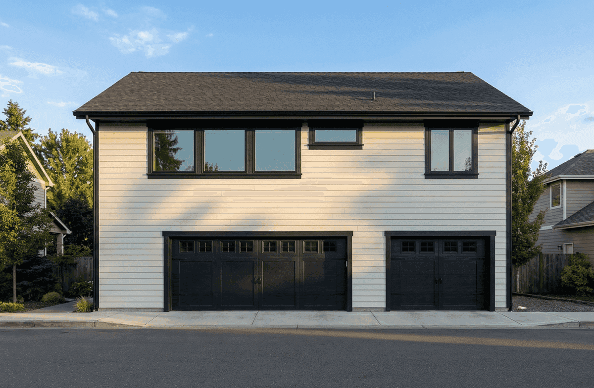 A contemporary garage apartment with a gable roofline, lap siding, and a covered front porch marks the residential entry above the three-car garage below. 2 beds, 1 bath, 975 sq ft - Plan #162-1130