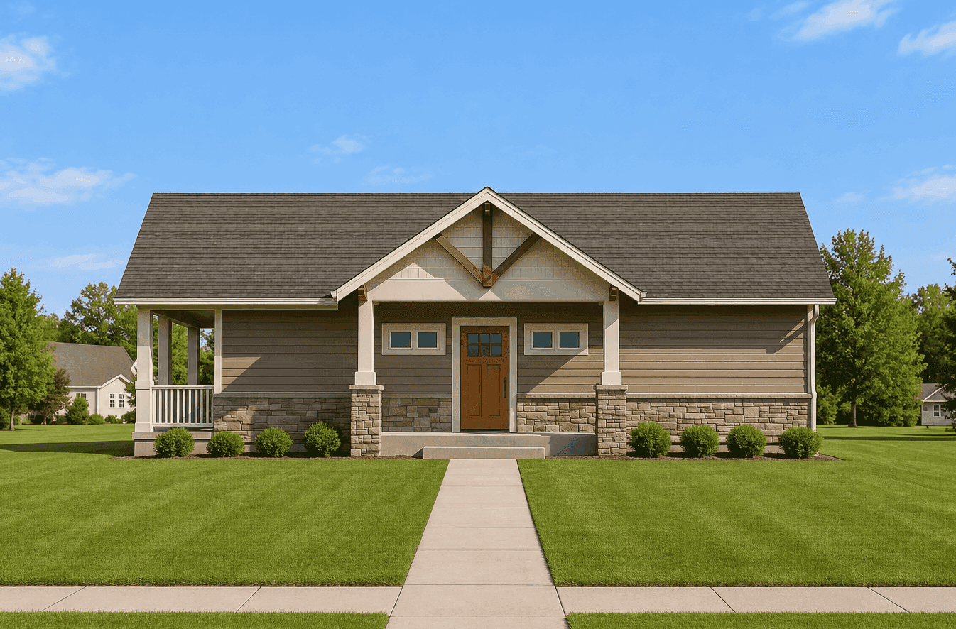 Craftsman facade with rock and shake siding, traditional gable roofline, and expansive covered front porch entry. 2 beds, 2 baths, 1,944 sq ft - Plan #162-1131