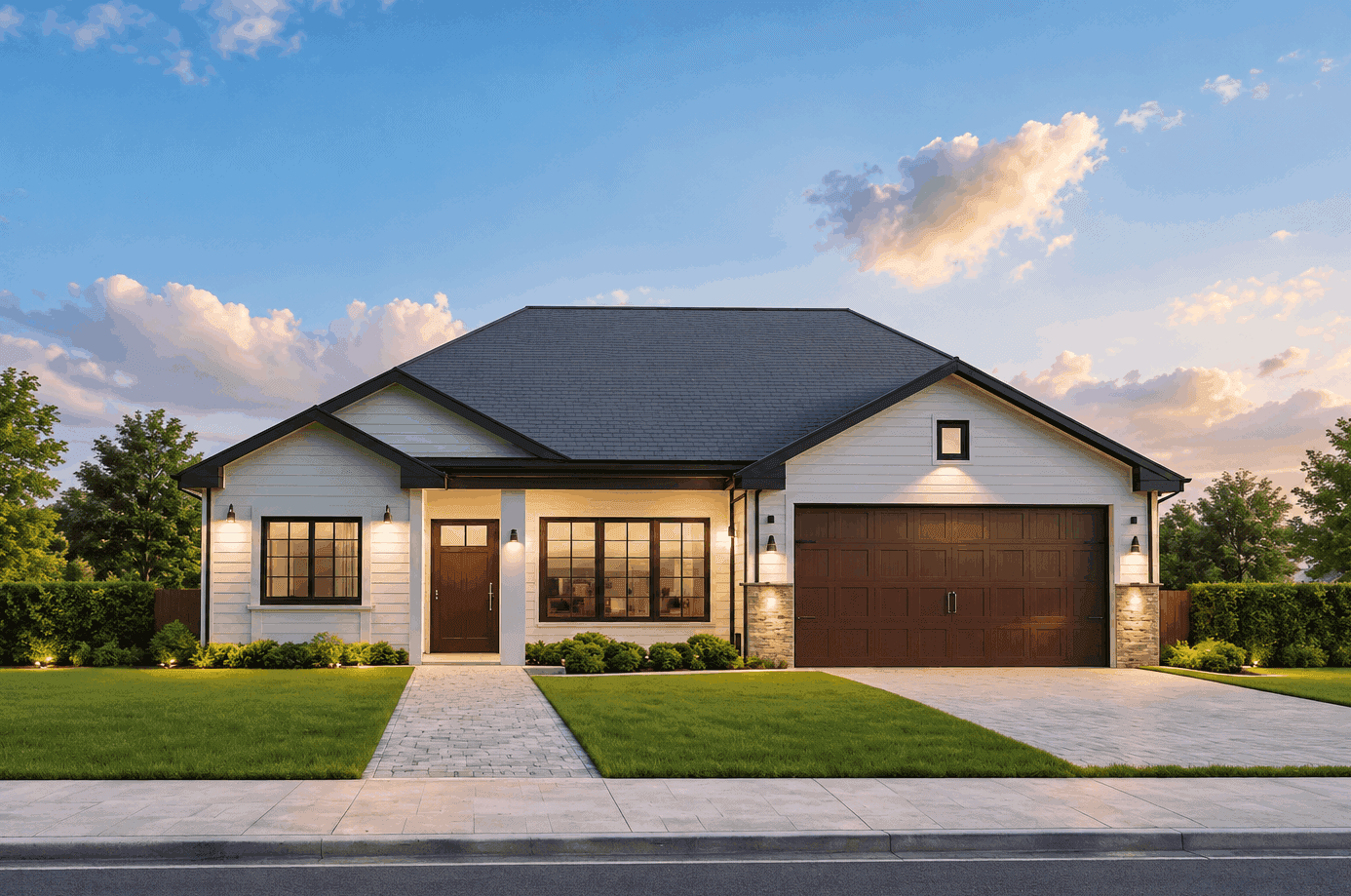 A stone and siding cottage with a covered front porch entry and gable roofline anchors the streetscape in traditional style. 3 beds, 1,079 sq ft - Plan #162-1134