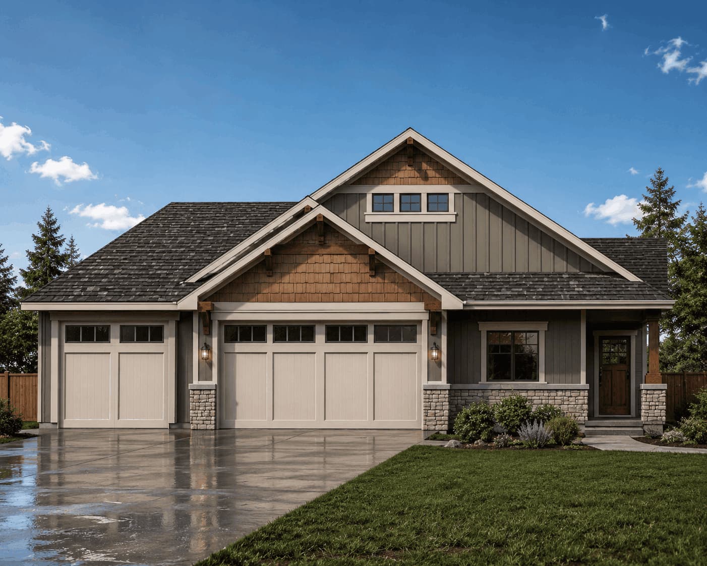 Craftsman elevation with covered front porch, gable roofline, and attached 3-car garage. 4 beds, 1,738 sq ft - Plan #162-1144