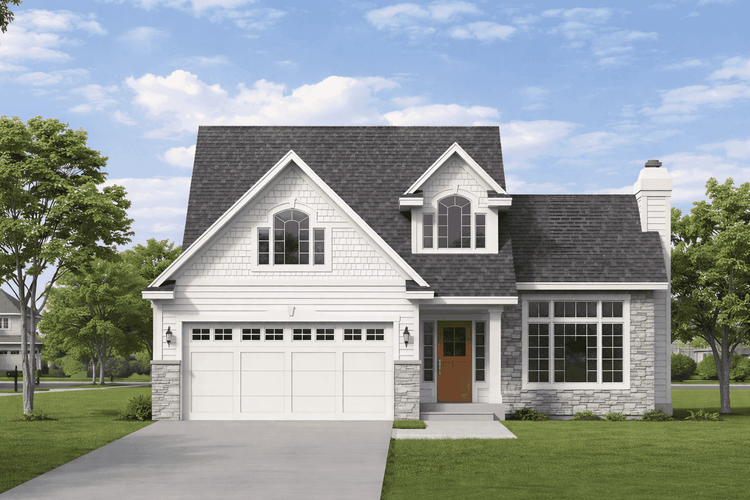 Farmhouse elevation with covered front porch, stone and lap siding, and gable-dormer roofline. 4 beds, 3.5 baths, 2,550 sq ft - Plan #162-1147.