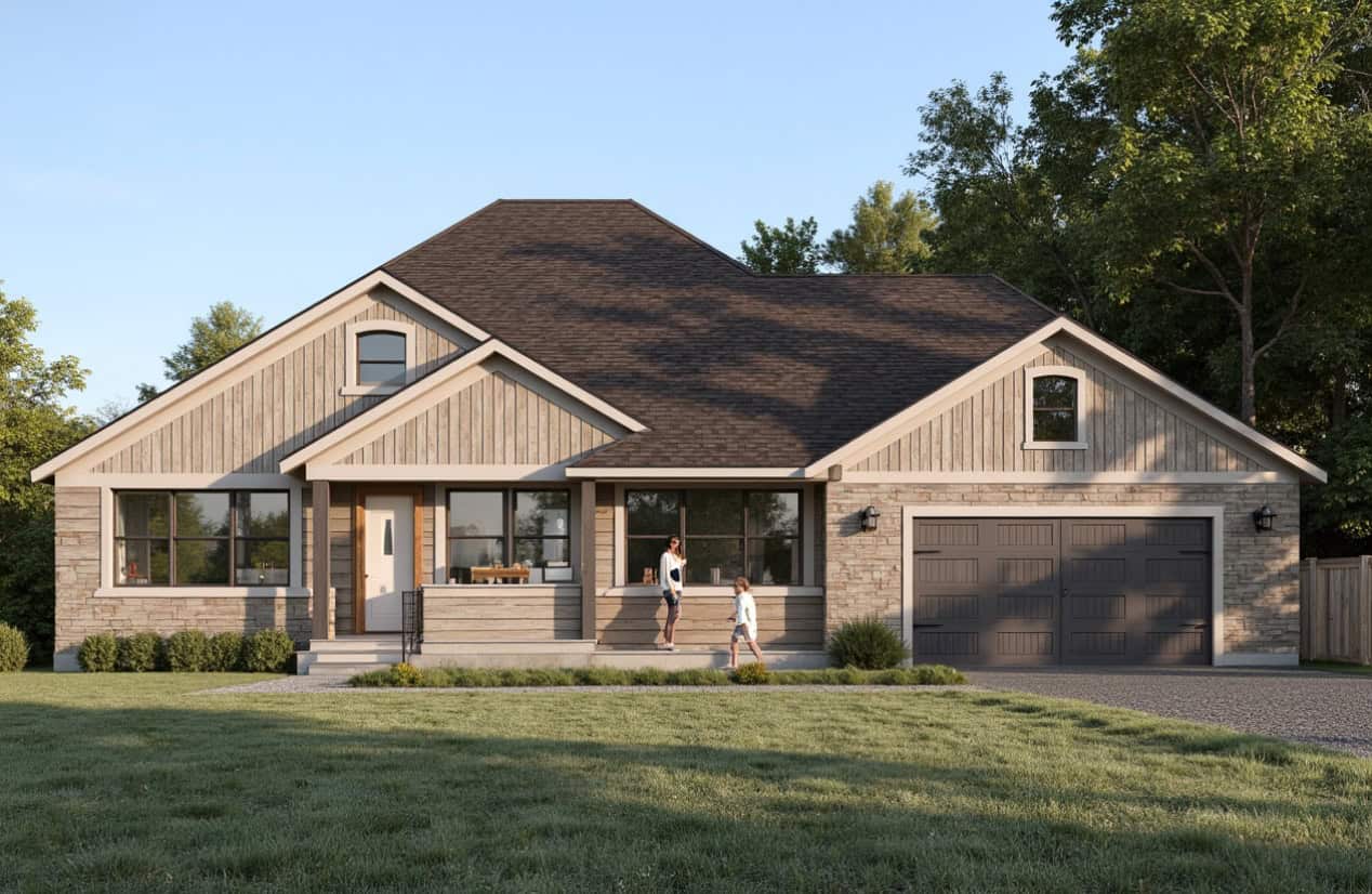 Craftsman facade with stone detailing, lap siding accents, and a generous covered front porch with tapered columns. 3 beds, 1,706 sq ft - Plan #162-1152