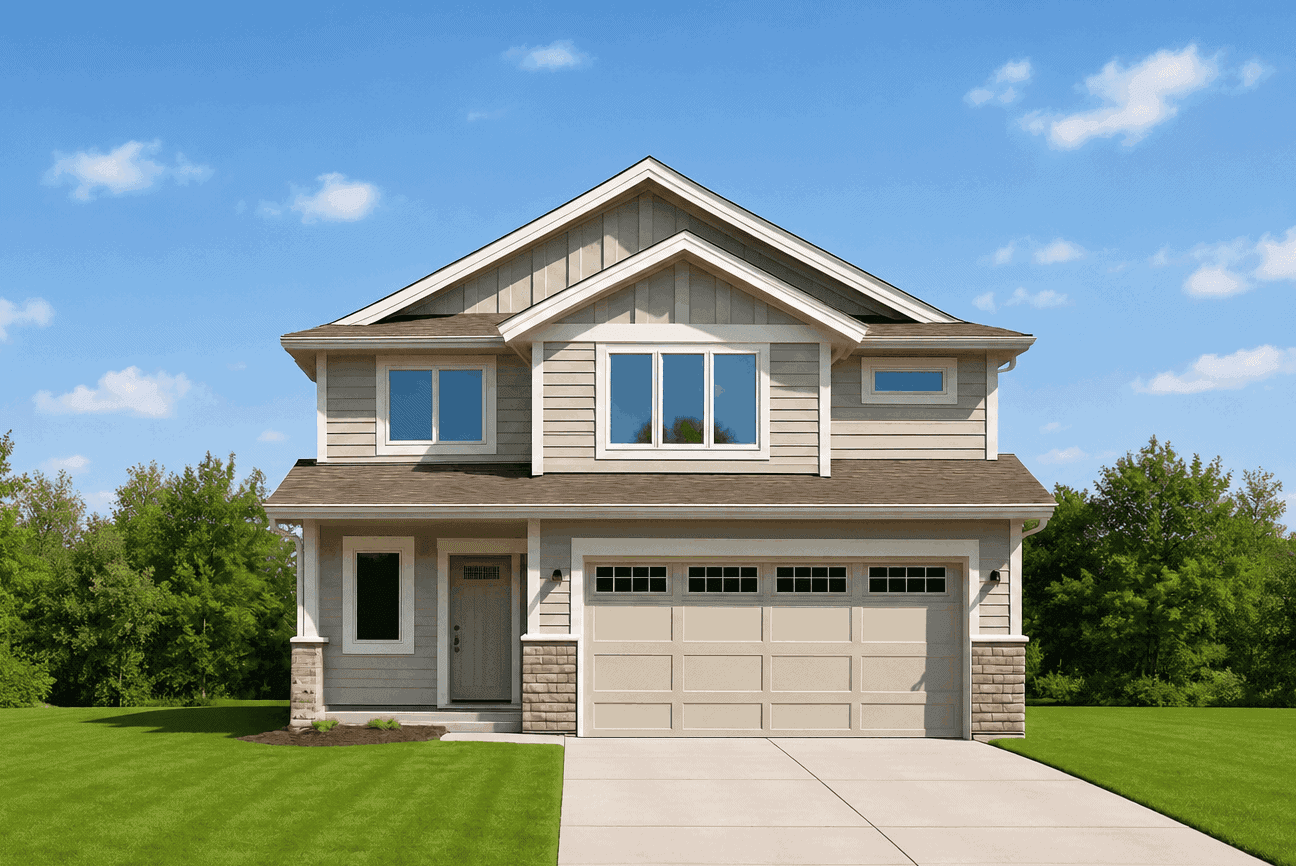 Craftsman elevation with gable roofline, covered front porch, and mixed stone and lap siding. 3 beds, 1,736 sq ft - Plan #162-1155.