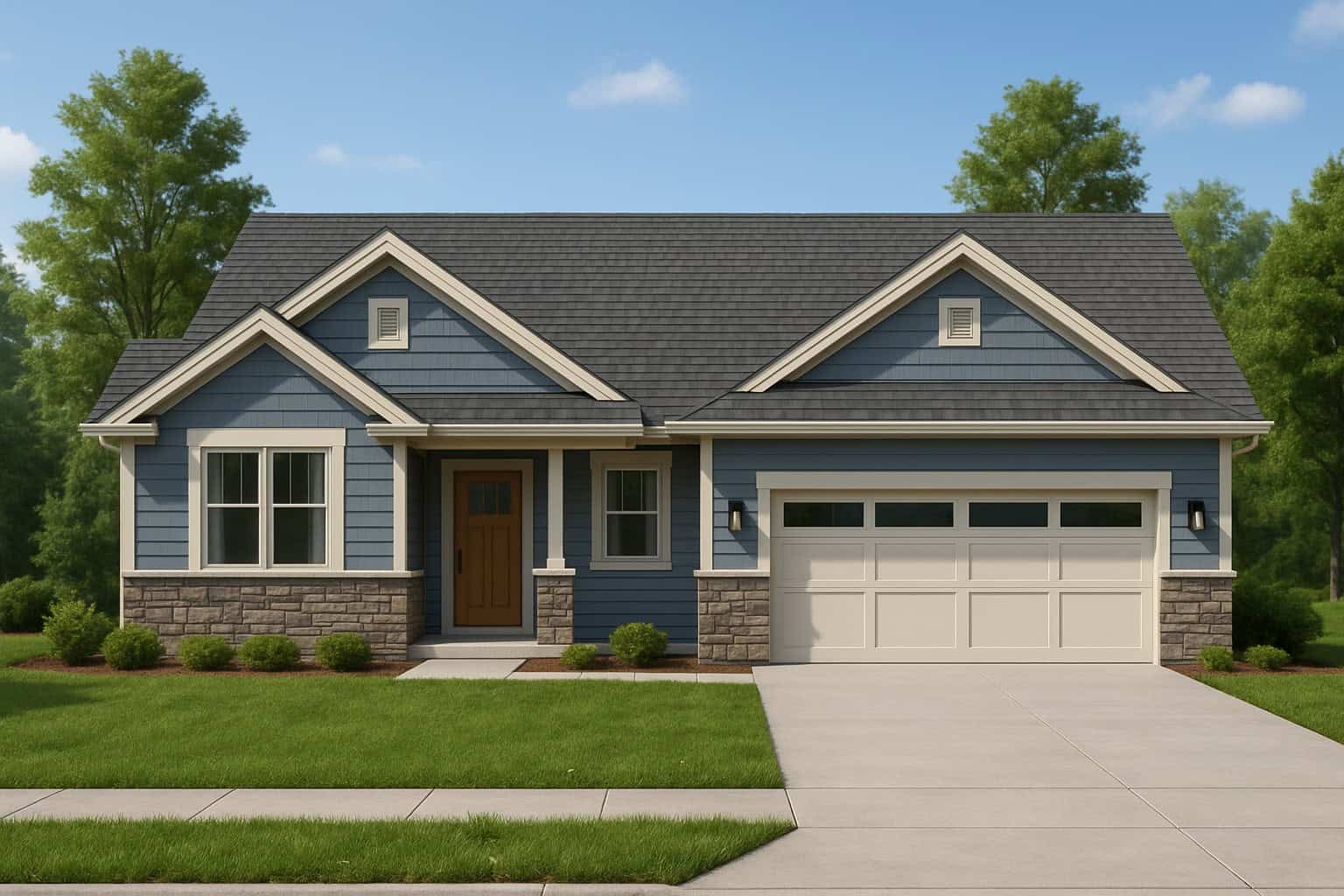 A Craftsman elevation with rock and stone siding, lap accents, and a prominent gable roofline creates strong curb appeal. A covered front porch, vaulted ceiling height, and efficient single-story layout frame a 5-bedroom family home. 5 beds, 3.5 baths, 3,668 sq ft - Plan #162-1163