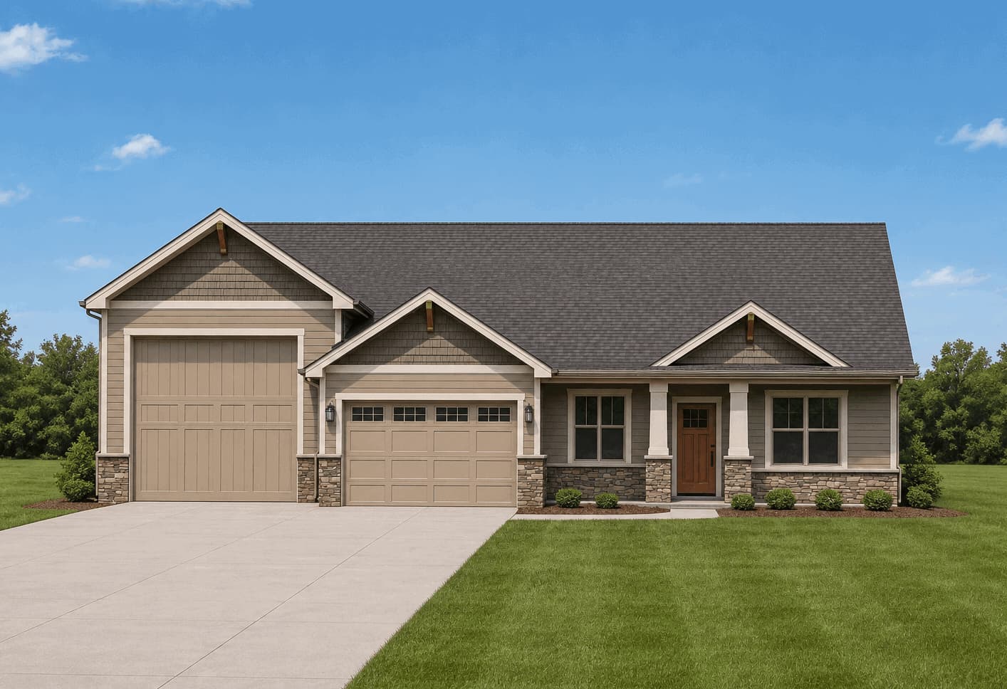 A Craftsman home elevation with stone and shake exterior, prominent gable roofline, and covered front porch entry. 3 beds, 1,980 sq ft - Plan #162-1169