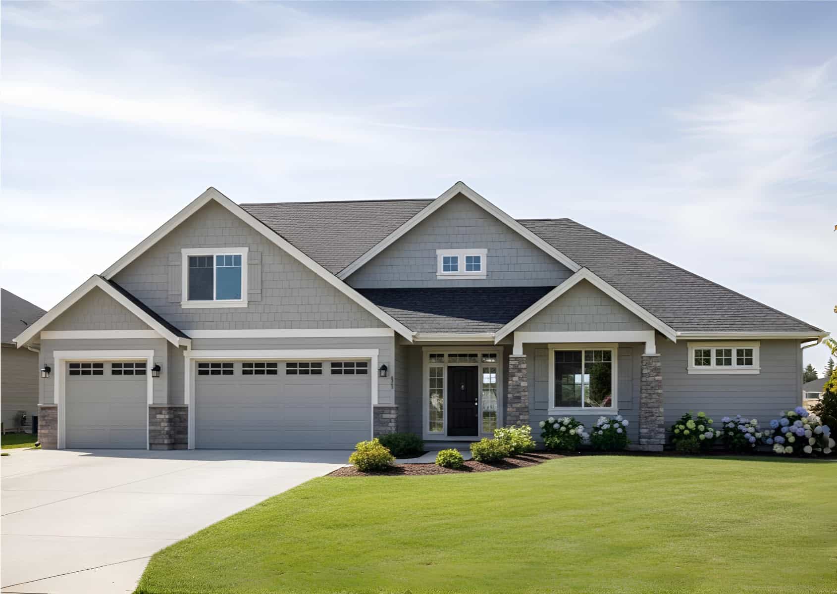 Craftsman home elevation with gable and hip rooflines, stone accents, and shakes and lap siding. 6 beds, 3.5 baths, 4960 sq ft - Plan #162-1171