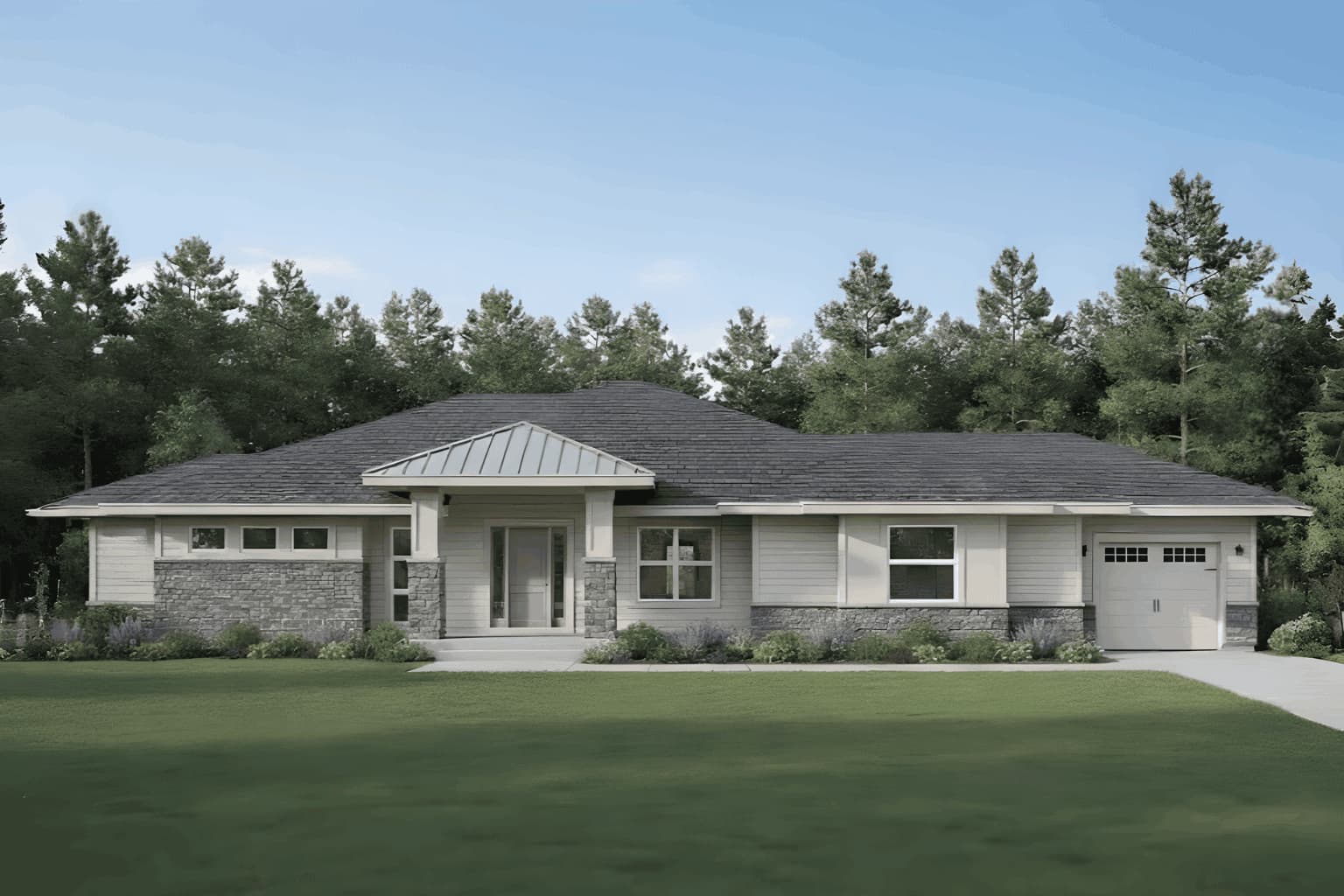 A Contemporary Prairie home with horizontal rooflines, stone accents, and covered entry porch. 6 beds, 4 baths, 4564 sq ft - Plan #162-1174.