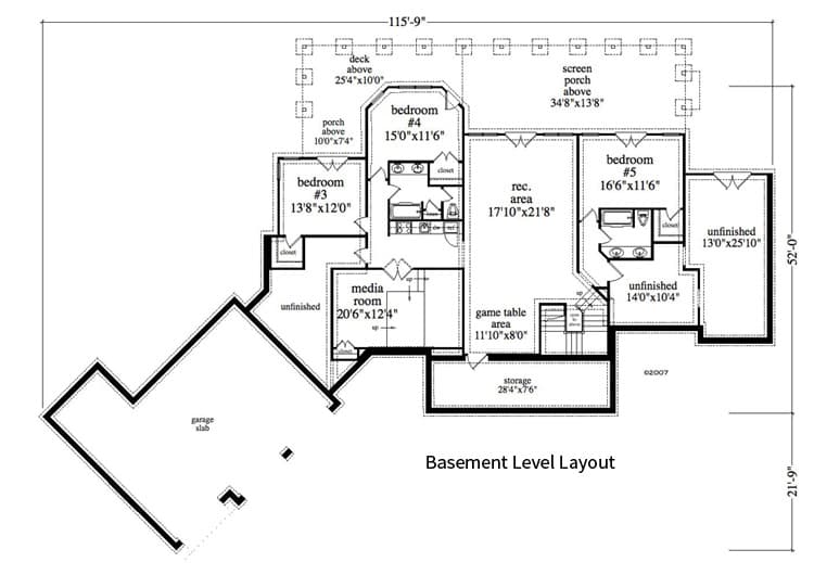 Floor Plan Basement of Craftsman Plan #163-1055
