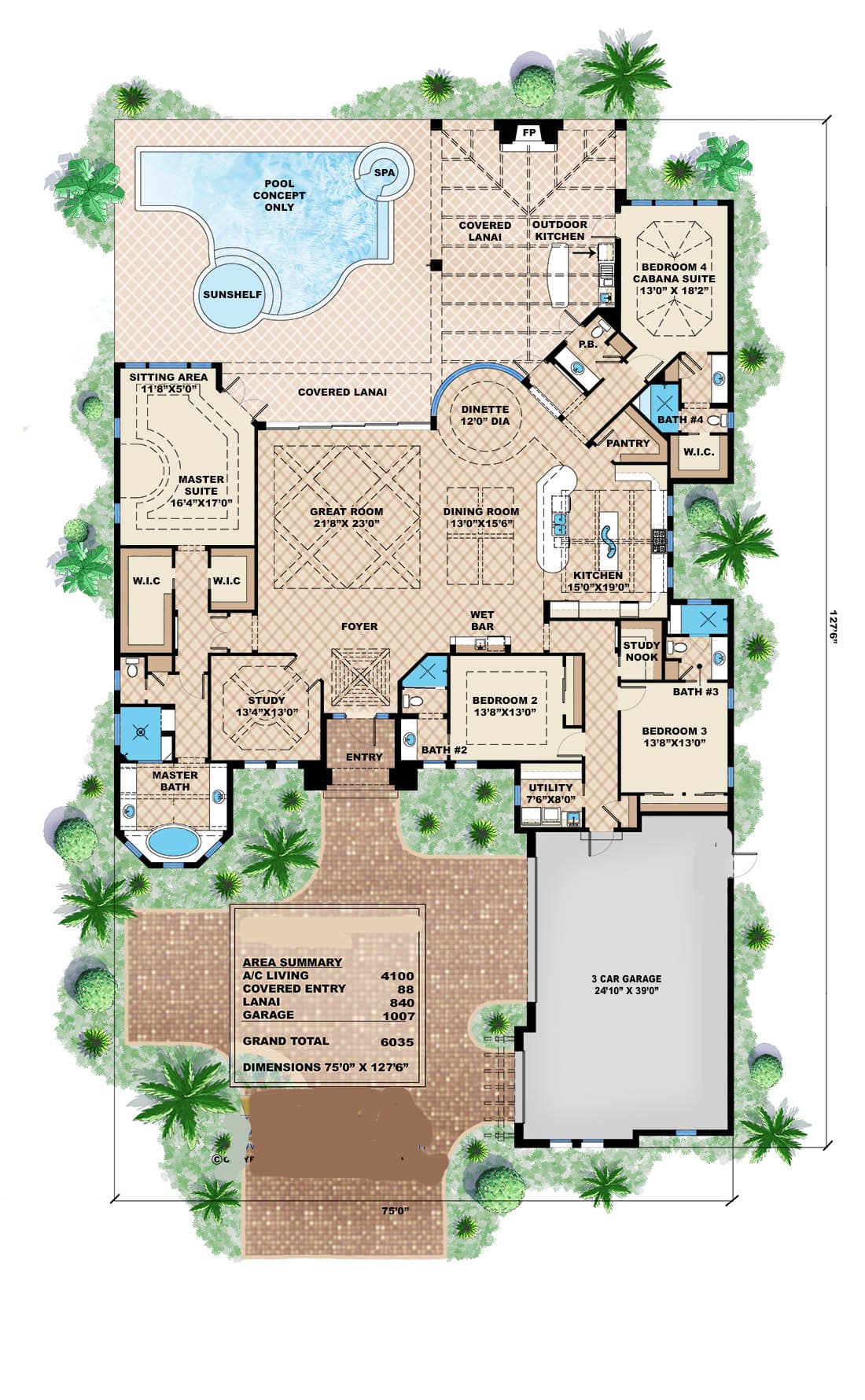 4-Bedroom Luxury Florida-Style Home Plan with 4100 Sq Ft - #175-1102, image size:1100x1780