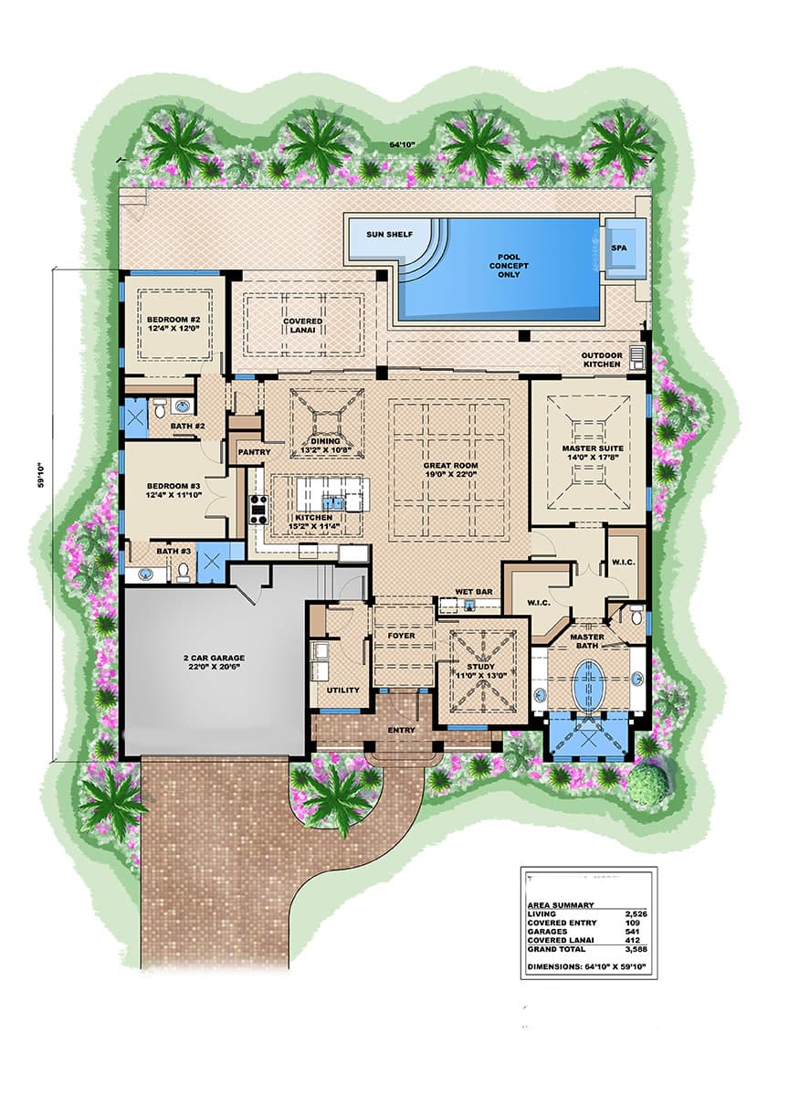 Florida Style Floor Plan - 3 Bedrms, 3 Baths - 2526 Sq Ft - #175-1104, image size:864x1224