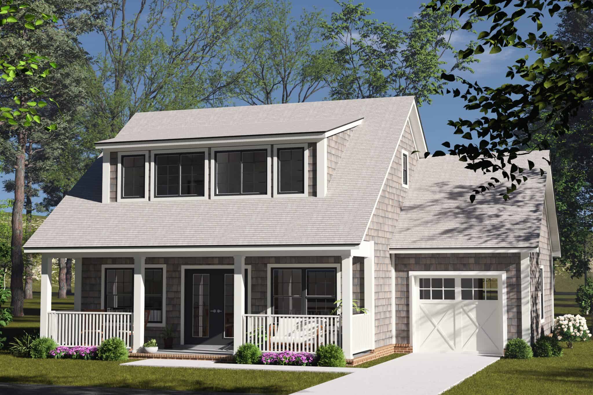 Cottage facade with gray cedar shingle siding, a wide shed dormer, a full-width porch, and a one-car garage with a carriage-style door. 3 beds, 1,288 sq ft - Plan #178-1584