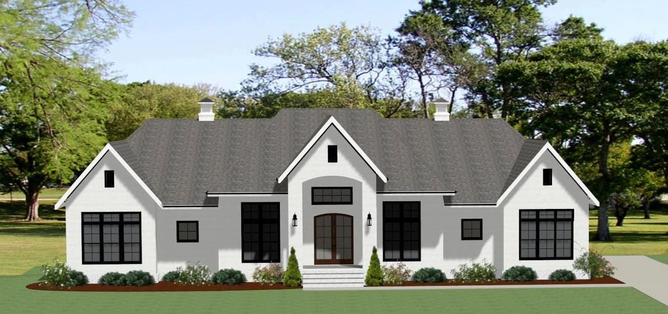 3,205 sq ft farmhouse house plan – 3 bed 3.5 bath, front exterior elevation showing wraparound porch and gable roof