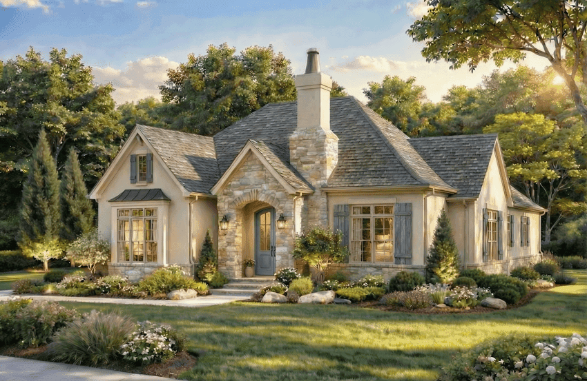 Front elevation of French home (ThePlanCollection: House Plan #193-1399)