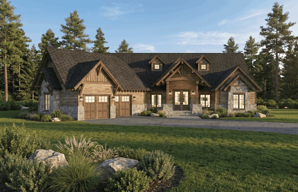 A Rustic facade with stone accents, covered front porch, and gable-dormer composition. 5 beds, 4.5 baths, 5,543 sq ft - Plan #193-1420