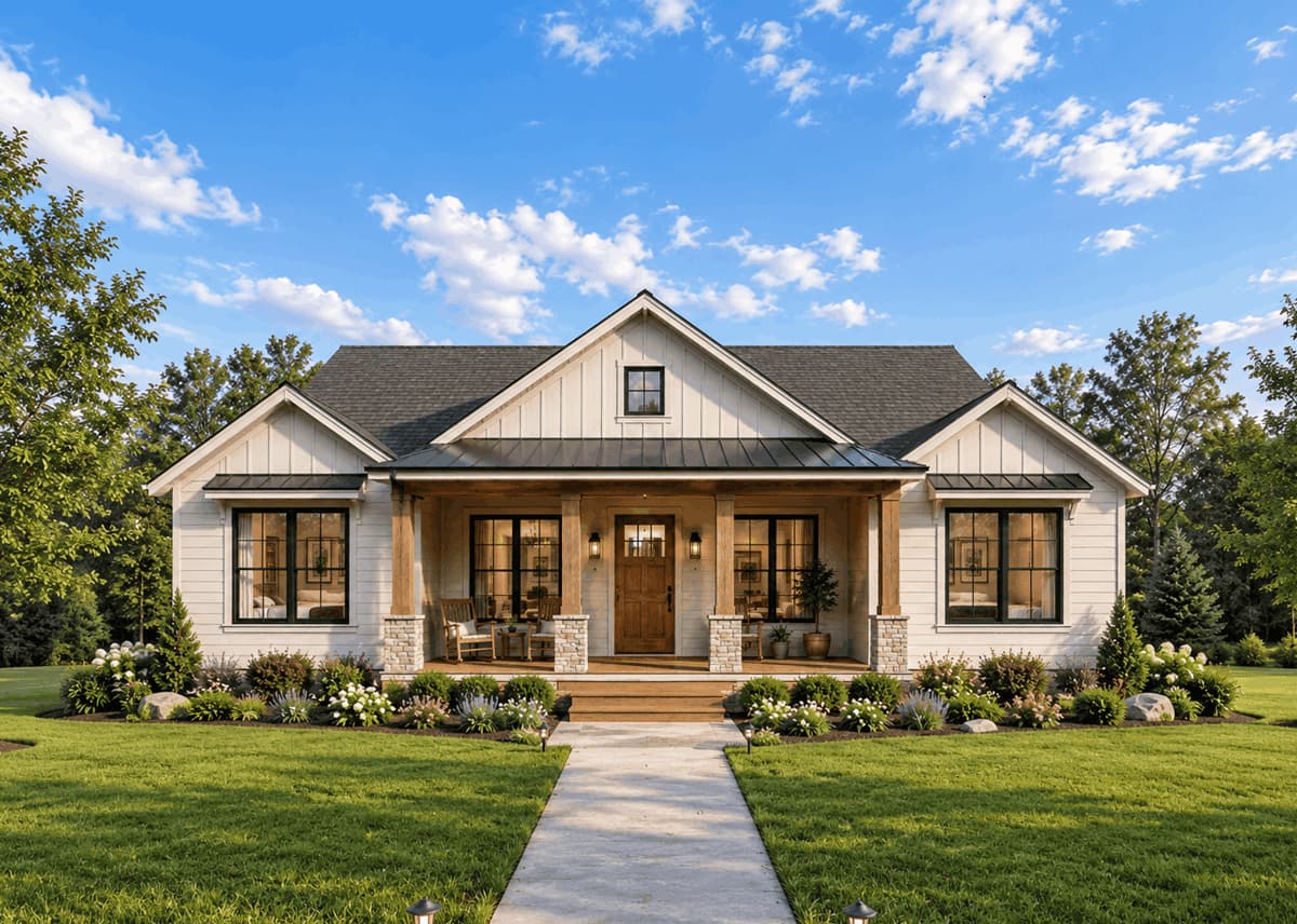 A Modern Farmhouse facade with dual covered porches and a gable roofline accented by vinyl siding and multi-pane windows. 2 beds, 1,430 sq ft - Plan #193-1421.