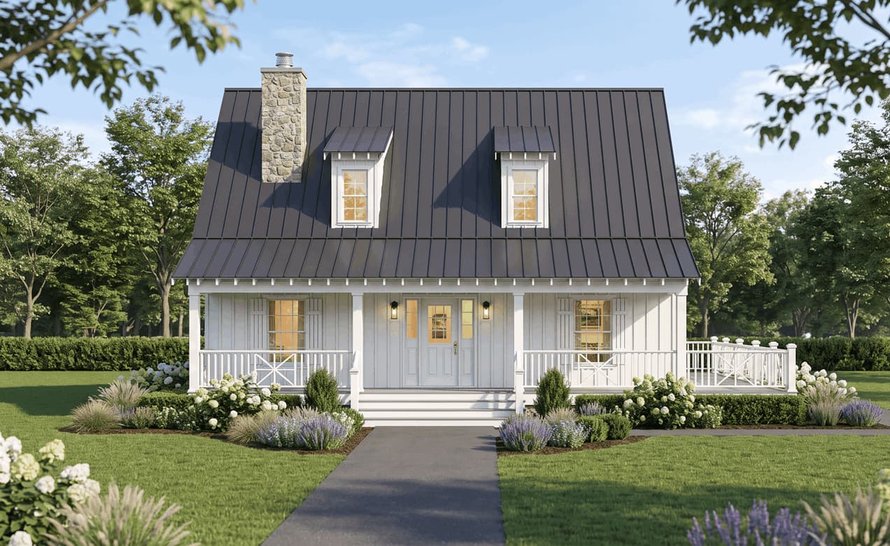 A Modern Farmhouse elevation with gable roofline, metal roof accents, and a covered front porch on a narrow lot design. 2 beds, 1,884 sq ft - Plan #193-1423