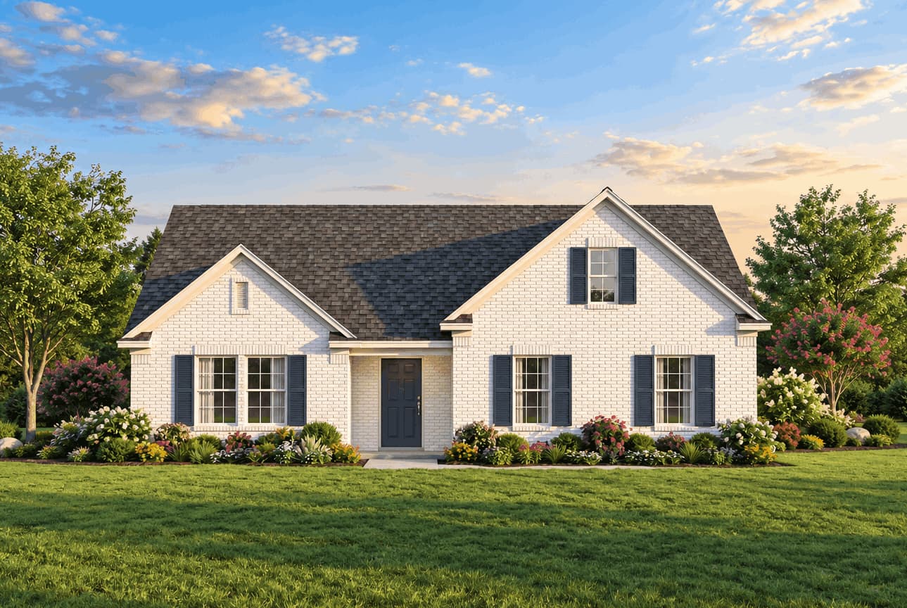 Traditional brick design with covered front porch, gable roofline, and side-entry garage. 3 beds, 2 baths, 1,359 sq ft - Plan #193-1429