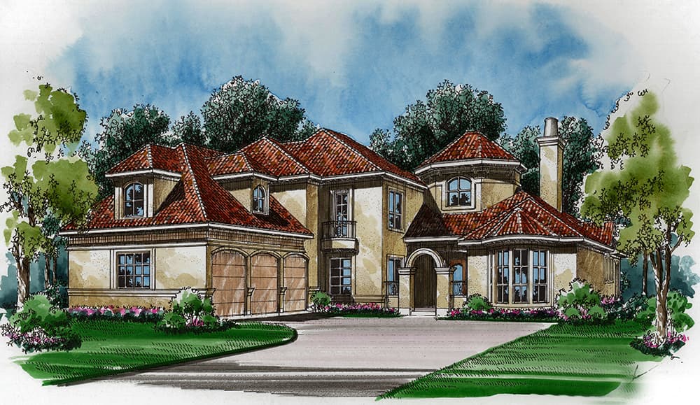 3-Bedroom, 3689 Sq Ft Mediterranean House Plan - 195-1108 - Front Exterior