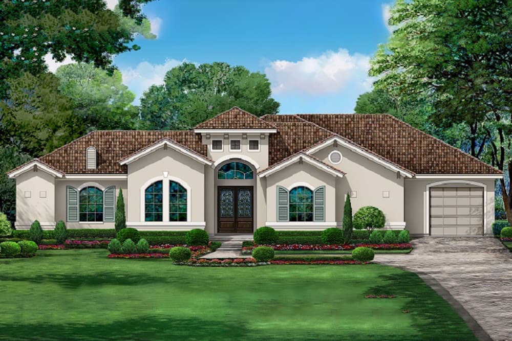 4-Bedroom, 3153 Sq Ft Mediterranean House Plan - 195-1214 - Front Exterior